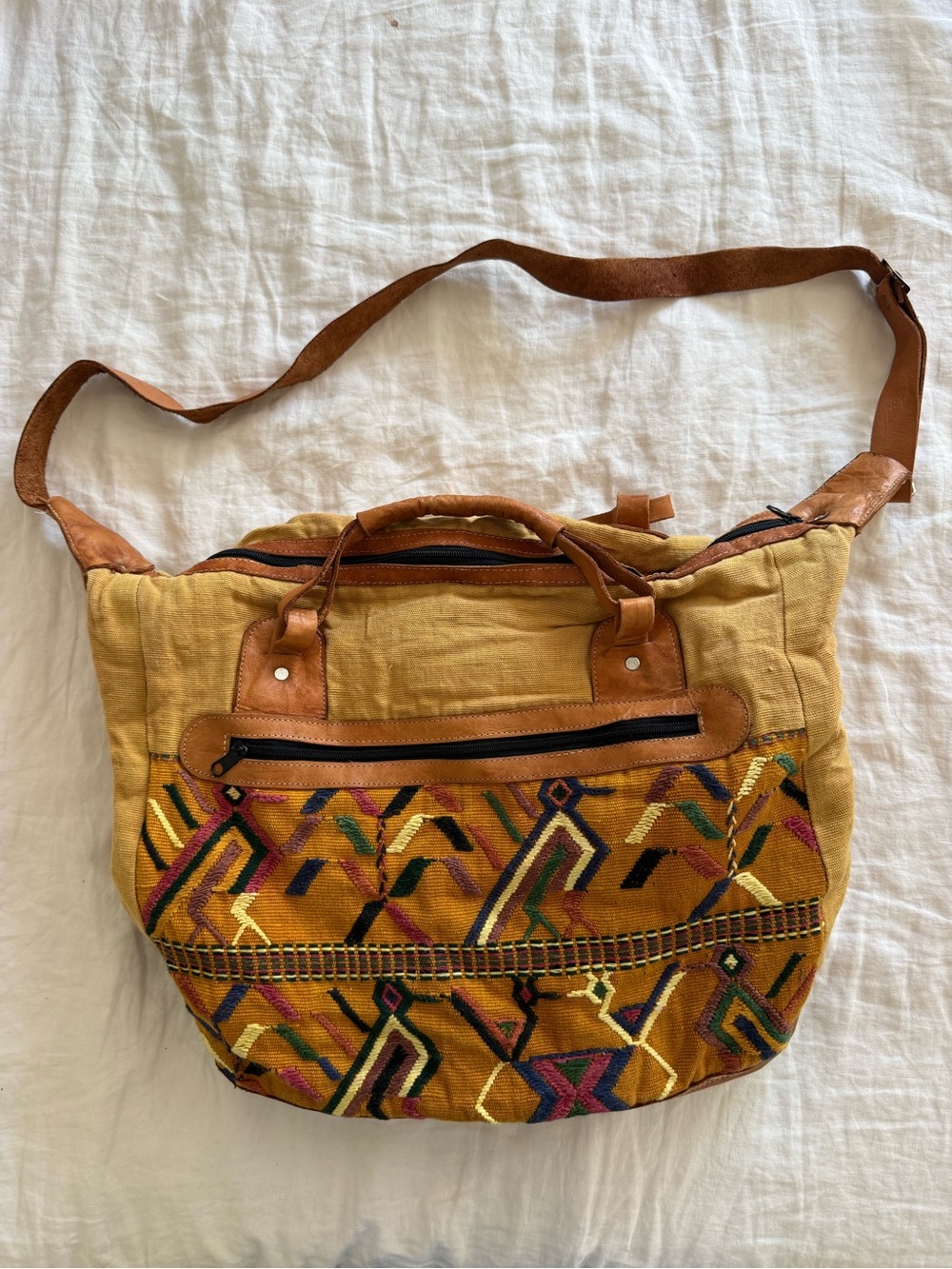 Vintage Guatemalan Huipil & Leather Convertible Bag – Mustard Yellow Bohemian Bo